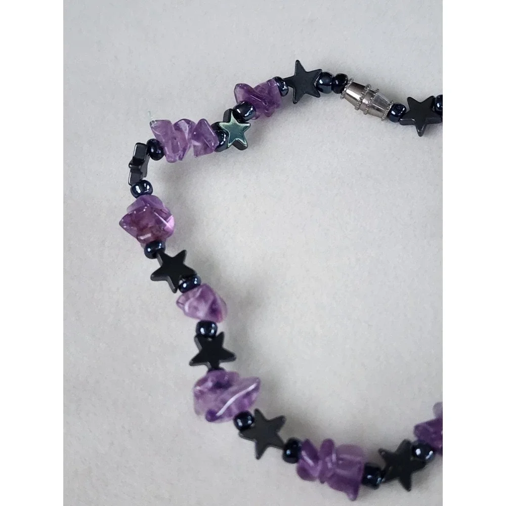 Genuine AMETHYST Chip With Gunmetal Gray Stars Bracelet Hand Crafted FREE $HIP!!